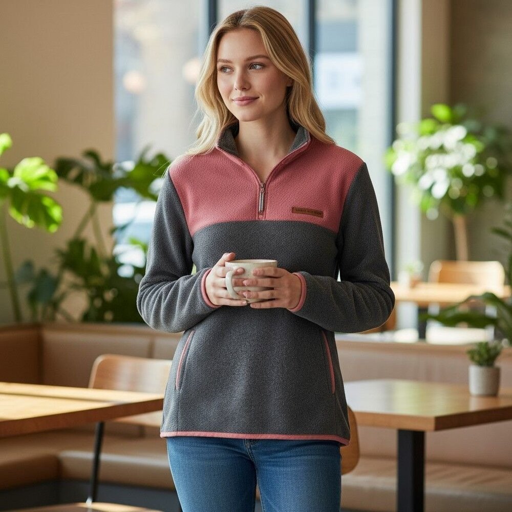 Simply Southern Womens Fleece Pullover Quarter-Zip Colorblock Pink & Gray Size M